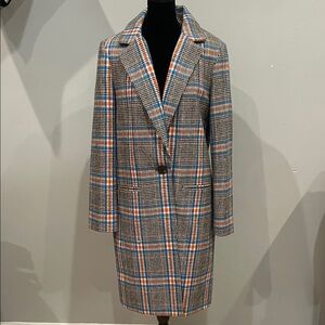 Plaid Long Coat with Blue and Orange Accents like new